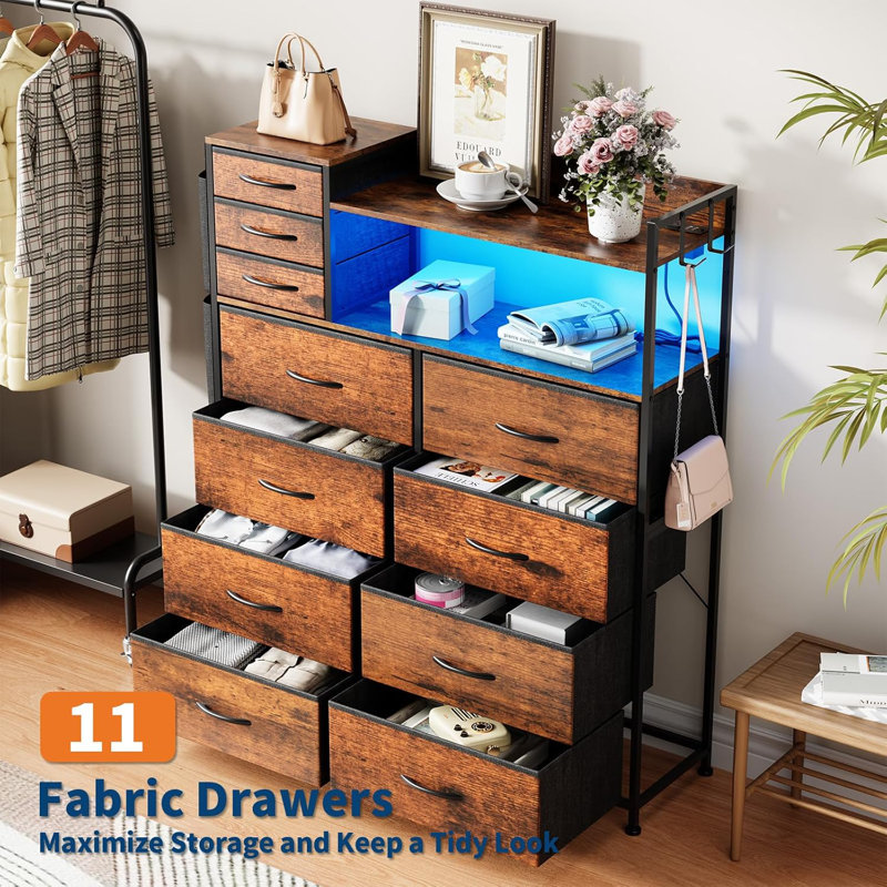 Dresser with 8+3 Fabric Drawers, Charging Station & LED Lights, Brown