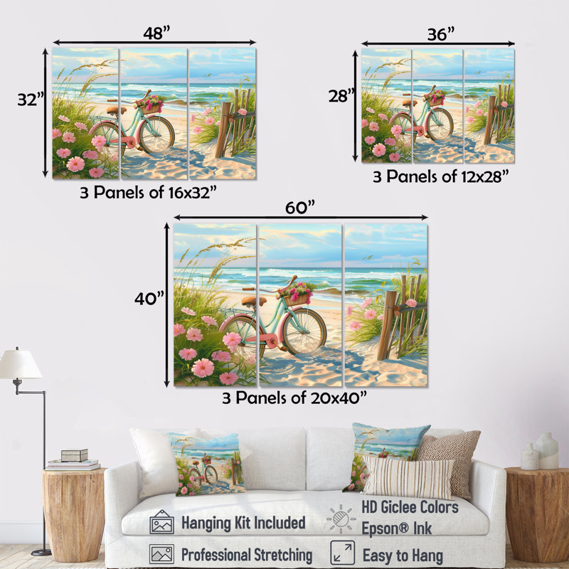 Vélo bleu sur le sentier côtier floral I - ensemble d'impression d'art mural côtier, Toile tendue, H 32 po x l 48 po x P 1 po