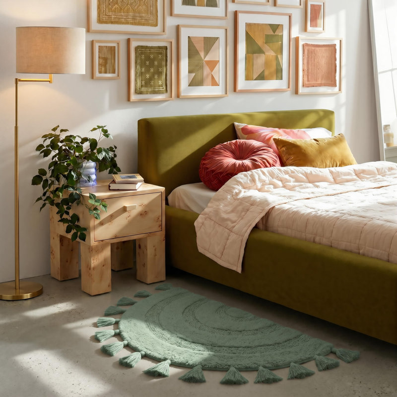 Tapis de salle de bain demi-cercle Boho avec pampilles 100% coton, jaune moutarde, Sage Green