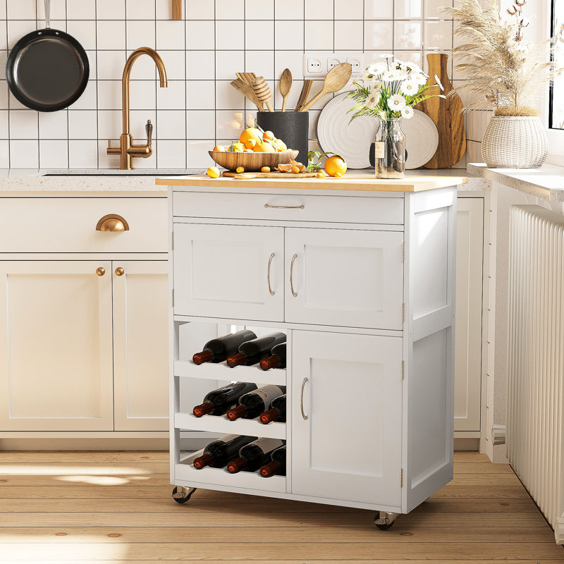 Îlot de cuisine roulant avec tablette et cadre à vin - support à chariot blanc