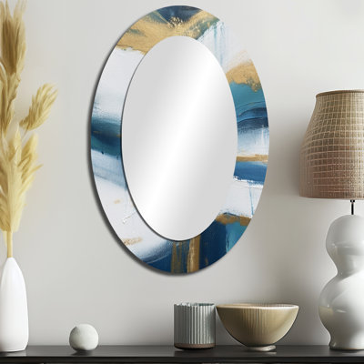 Essentiel abstrait bleu minimaliste, peinture II - grand miroir mural ovale sur métal
