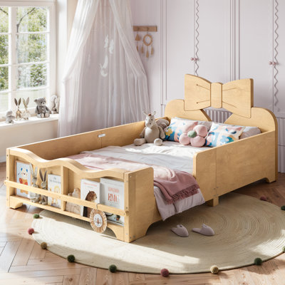 Lit plateforme simple pour enfant avec garde-corps, tête de lit et bibliothèque latérale Bowknot, lit bas, pas de sommier, naturel