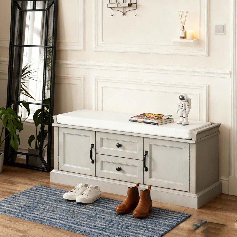 Storage Bench with 2 Drawers and 2 Cabinets, Shoe Bench with Removable Cushion, Gray Wash