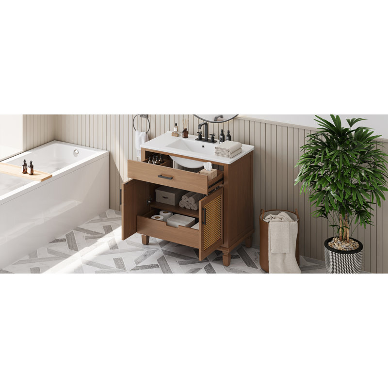 Meuble-lavabo en rotin 36 po avec lavabo en céramique, Brun