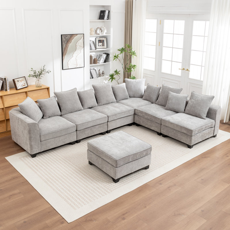 Kempson 7 - Piece Upholstered L-Shaped Sectional With Ottoman, Grey Polyester