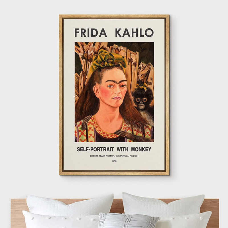 Art mural classique, impression sur toile, autoportrait avec singe par Frida Kahlo, H 36 po x l 24 po, Naturel