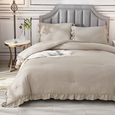 California King Comforter Set Wheat (104X96inch), 3 Pieces Cal King Ruffle Comforter, Oversized Farmhouse Shabby Chic Bed Comforter, Lighteweight And Soft Microfiber Bedding Set