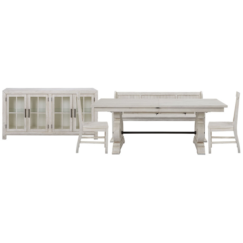 Extendable Rectangular Dining Table With 2 Side Chairs Bench And Buffet, 5Pcs:Table,Bench,Server,2Chairs