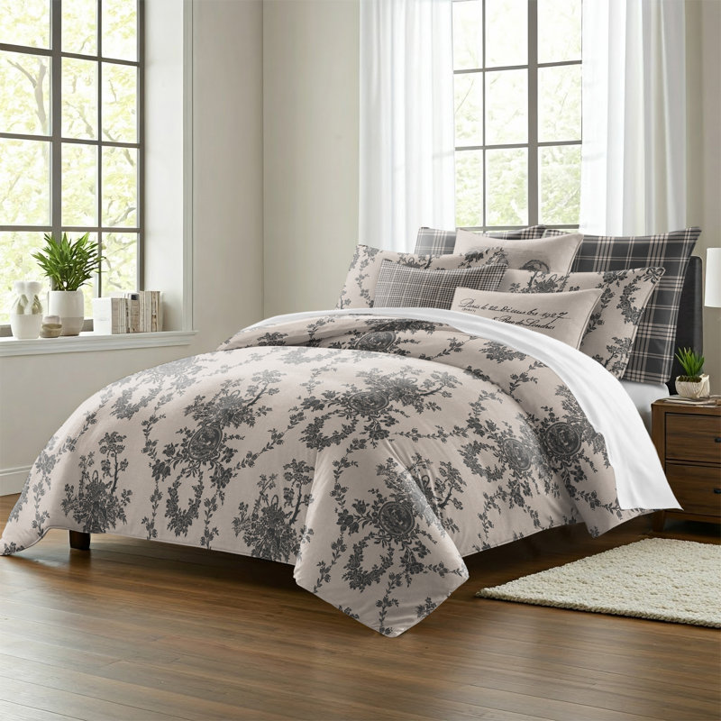 Country Lane Toile Ebony Cotton Duvet Cover Set  8 Piece, Super Queen Duvet Cover + 7 Additional Pieces