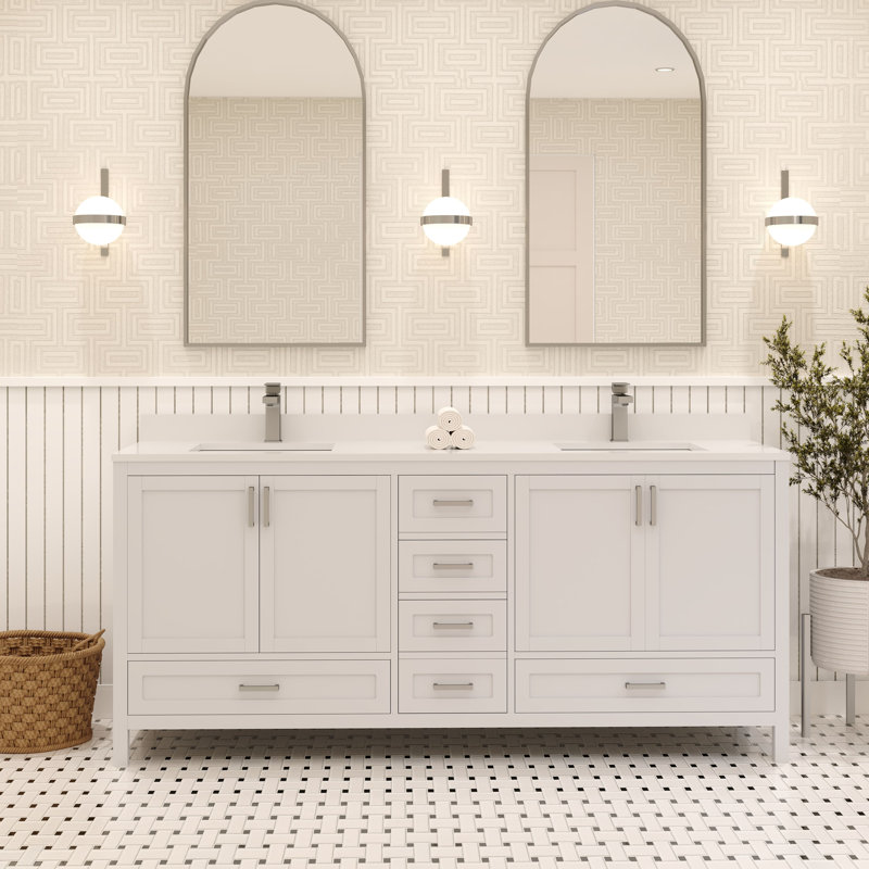 Meuble-lavabo double autoportant 72 po avec plateau en quartz blanc Rooh, Blanc
