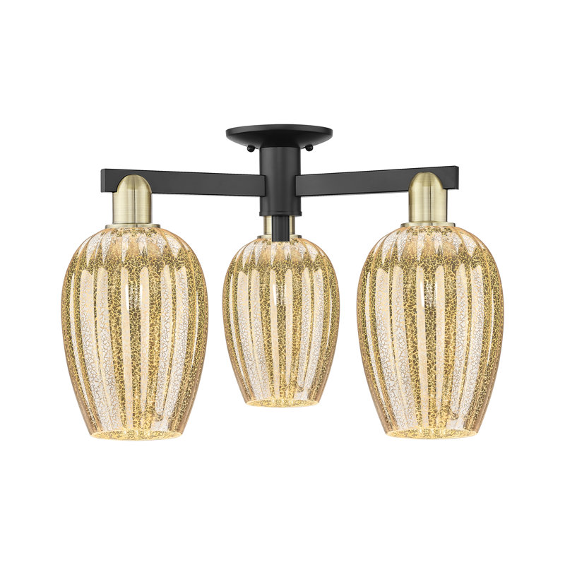 Preston 3 Light Flute Shade Semi-Flush Mount, Mercury, Antique Brass/Matte Black