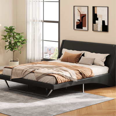 Black King Size Upholstered Bed With Wave - Like Curve And Legs, No Box Spring Needed, Modern Design For Bedroom, Streamlined Upward Curved Lines, Support, 11.2 Inch Cleaning, Pu Leather, Quiet Tape