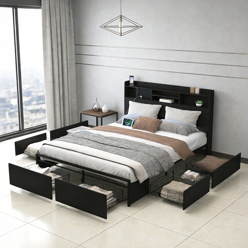 Base de lit avec tête de lit à DEL, 6 tiroirs de rangement et station de charge, lit de rangement robuste et silencieux, aucun sommier requis pour la chambre à coucher
