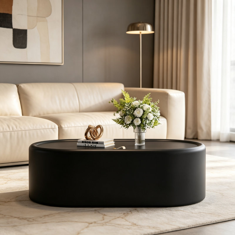 Table basse de rangement ovale cachée 33,46 po - Plateau en verre trempé certifié 3C et cuir noir de qualité supérieure, table basse de rangement moderne pour le salon