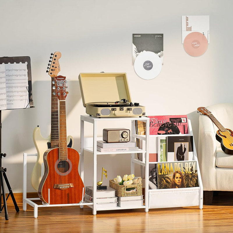 Record Player Table With Vinyl Storage & Guitar Stand – White