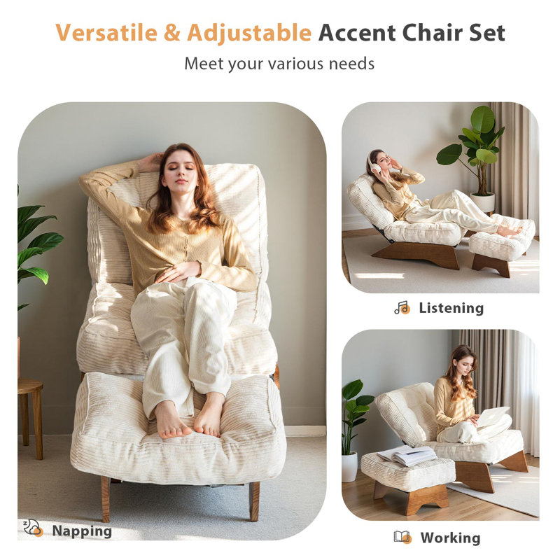 Lounge Chair with Ottoman,Adjustable Backrest Tufted Accent Chair with Footrest Set, Beige