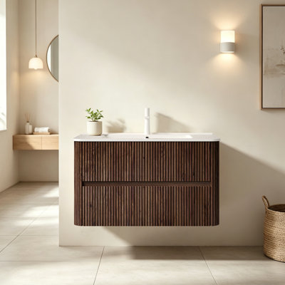 Meuble-lavabo mural 36 po en noyer rayé avec lavabo en céramique blanche Mid-Century