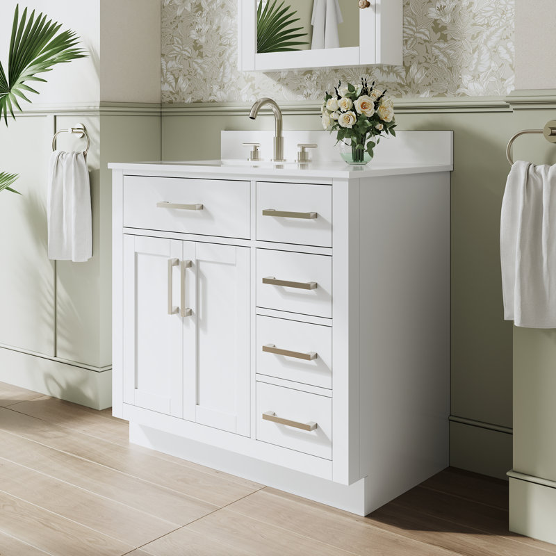 36" W x 35" H Freestanding Bathroom Solid Wood Vanity With White Cultured Marble Countertop And Ceramic Single Sink,White