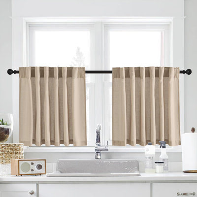 Natural Linen Back Tab Curtains for Kitchen Over Sink, Rod Pocket Short Drapes Light Filtering Sheer Farmhouse Window Valances Covering for Bedroom, 2 Panels.