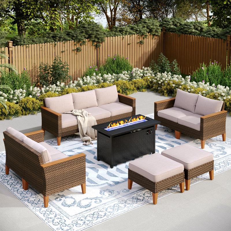 Phenice 9 - Person Wicker Outdoor Patio Conversation Furniture Sectional Set with Fire Pit Table, Beige