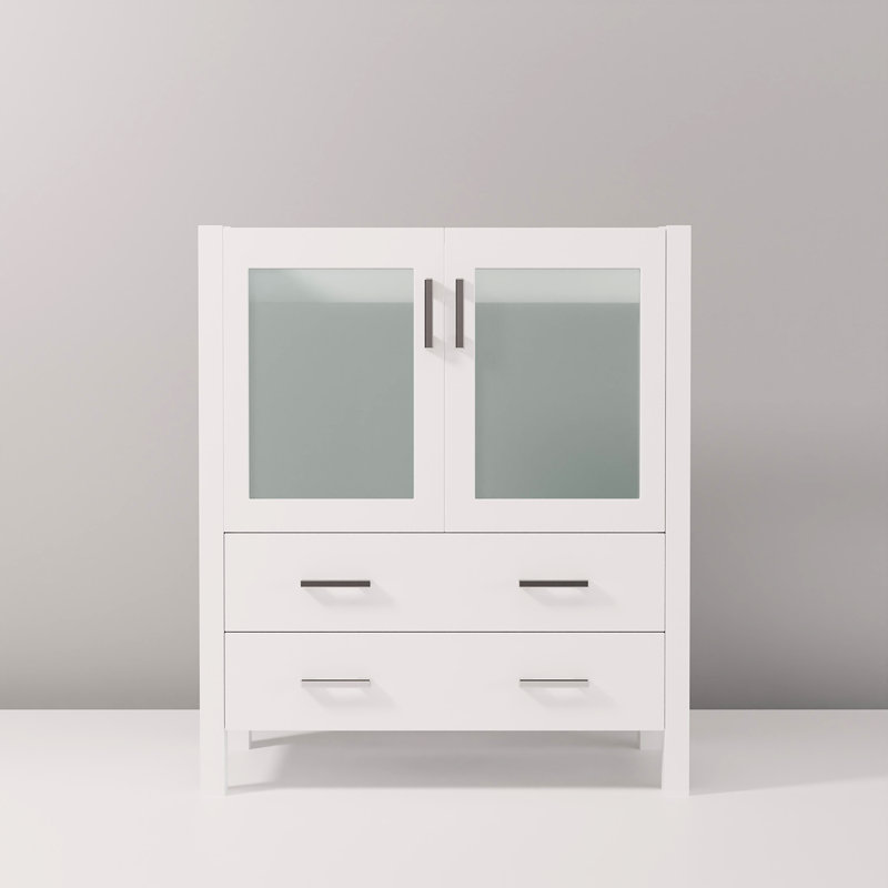 Meuble-lavabo blanc 30 po, fermeture en douceur, structure en bois massif avec contreplaqué E0, 2 tiroirs et 1 armoire pour un superbe rangement de salle de bain.
