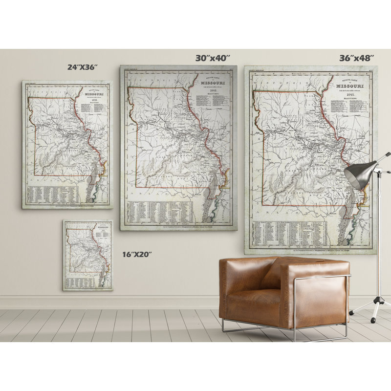 Antique Map Missouri I - impression sur toile tendue, H 30 po x l 40 po x P 1,5 po