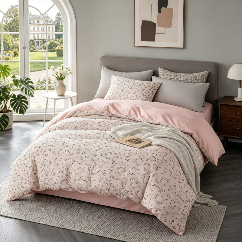 Ensemble d'édredon à motif floral 3 pièces pour grand lit rose pour femme