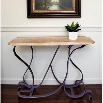 Console Travertine: base en fer forgé à la main, table d'appoint rustique