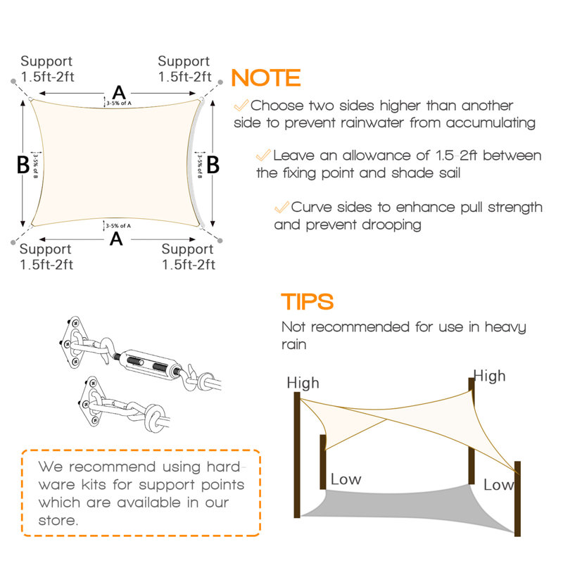 14'X24' Customize Rectangle Sun Shade Sail, Cream