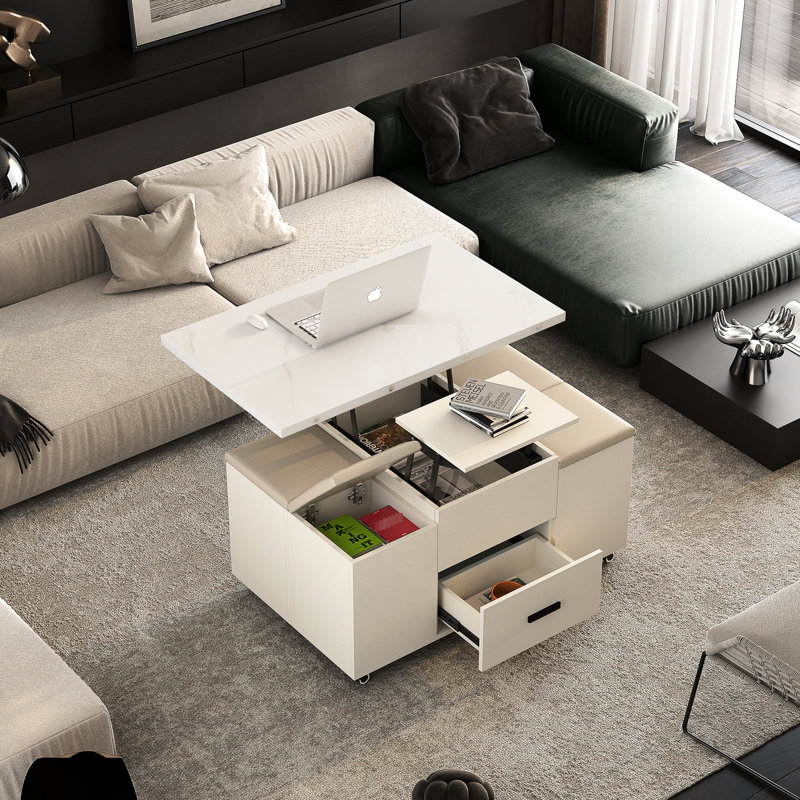 Table basse peu encombrante avec 4 tabourets - Table de salle à manger pliante de salon, rangement caché et 2 tiroirs modernes Flair jaune extensible et tiroirs, style gracieux