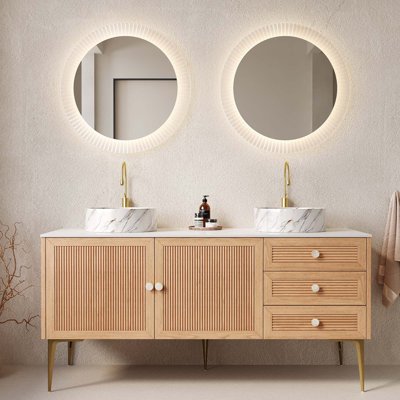 Meuble-lavabo de salle de bain avec lavabo, armoire de rangement autoportante en contreplaqué avec 4 pieds en métal, porte et tiroirs, lavabo en céramique blanche avec motif en pierre, sans robinet, pré-assemblé