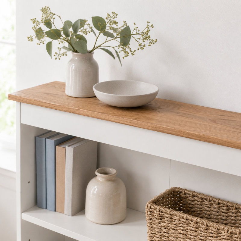 Ainsa 3-Shelf Bookcase, Soft White Painted & Oak Veneer Effect Top, 100 cm H x 80 cm W x 21.5 cm D