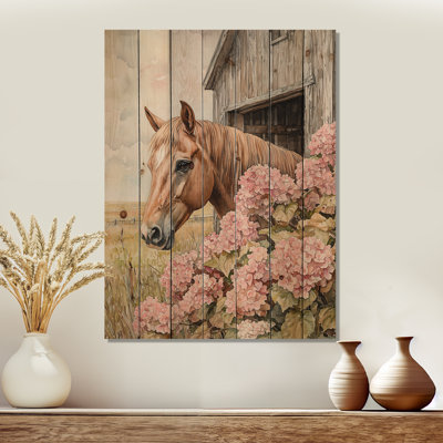 Hortensias et chevaux par la grange I - impression d'hortensias sur bois de pin naturel