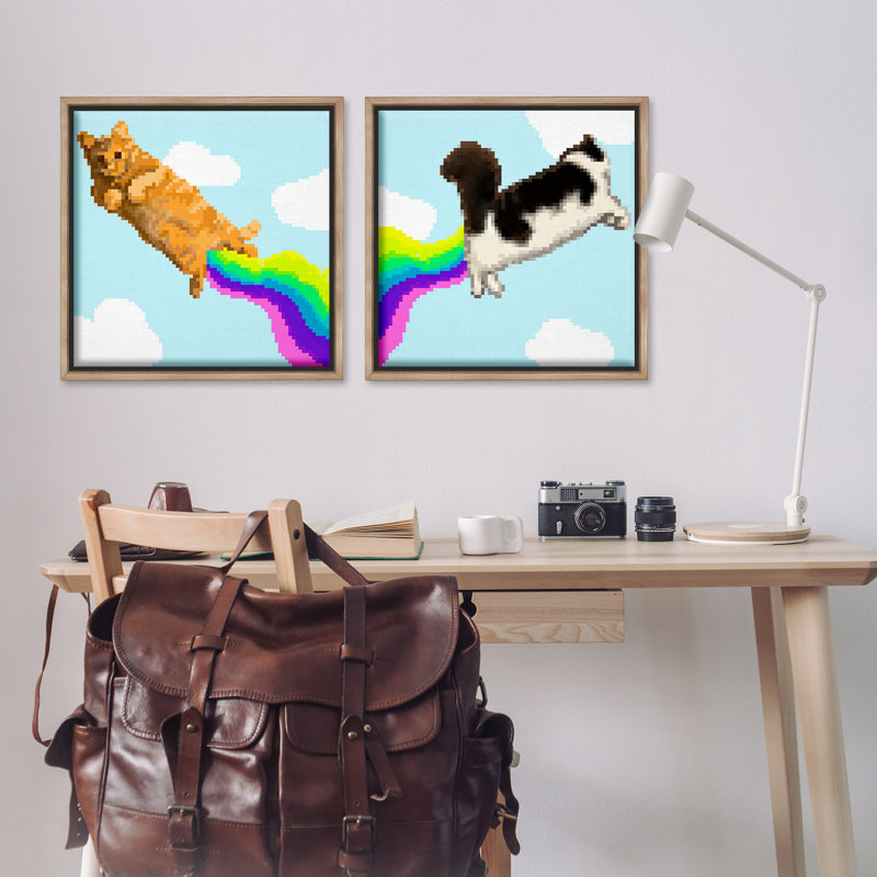  Pixel Cats with Rainbows, ensemble de 2 toiles flottantes encadrées par June Erica Vess, H 25 po x l 25 po
