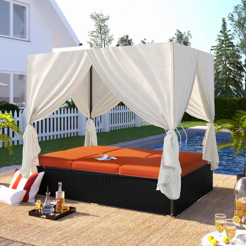Lit de jour d'extérieur en osier avec coussins et sièges réglables pour patio, Orange