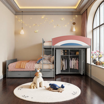 Full Size Space Saver Bunk Bed with Wardrobe & Storage Drawers, Cushioned Guardrail, Built-in Closet Organizer