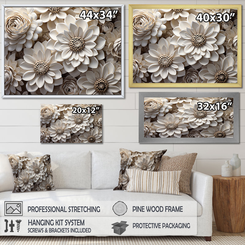 Représentation transparente de zinnias blancs sur toile, Cadre doré simple, H 30 po x l 40 po x P 1,5 po