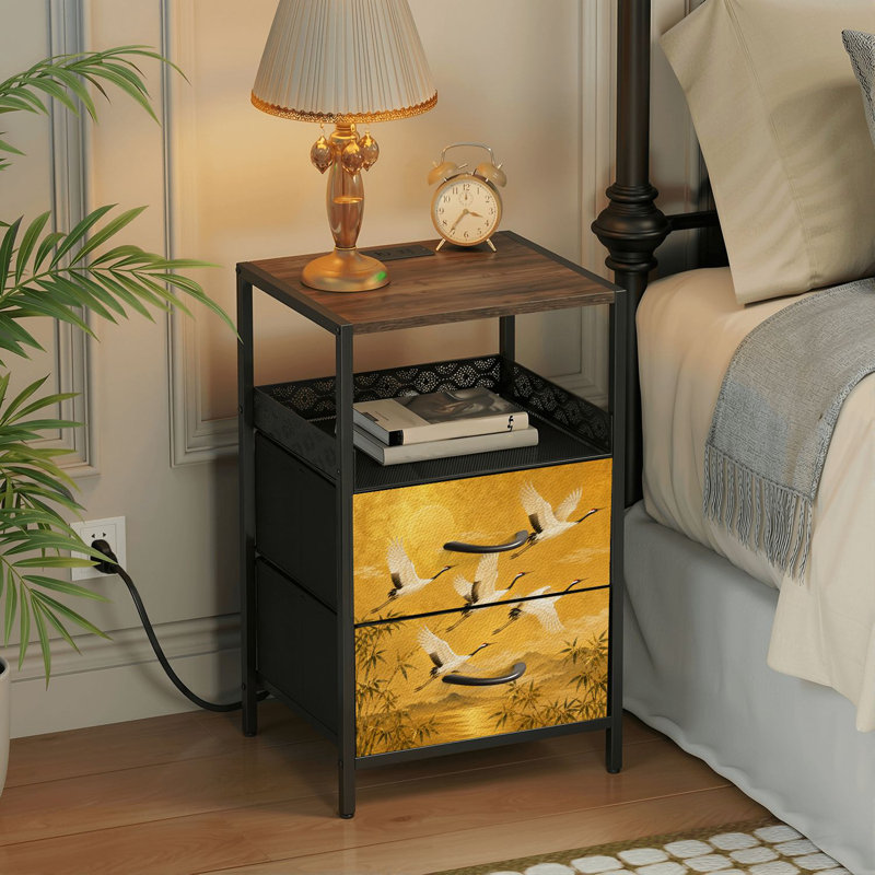 Table de chevet 2 tiroirs avec station de charge, table de chevet pour chambre avec ports USB et amp; Table de chevet noire Outlets