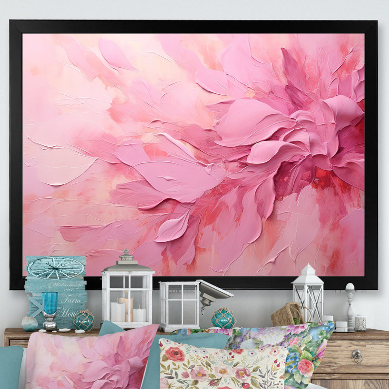 Or et rose, rivière abstraite minimale - art mural Fuschia, H 24 po x l 32 po x P 1 po, Cadre simple noir