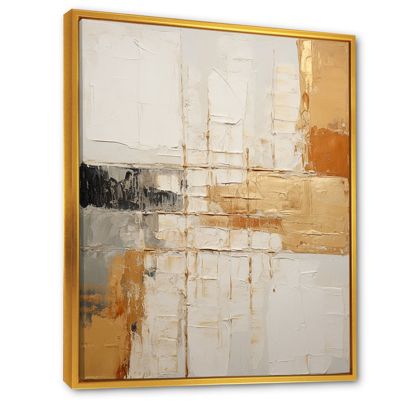 Beige et or, expression minimale I - formes abstraites, art mural, H 44 po x l 34 po x P 1,5 po, Cadre flottant doré