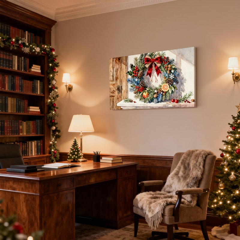 Couronne de Noël de Noël avec un arc rouge et des baies, ensemble de 3 impressions d'art sur toile, H 16 po x l 24 po