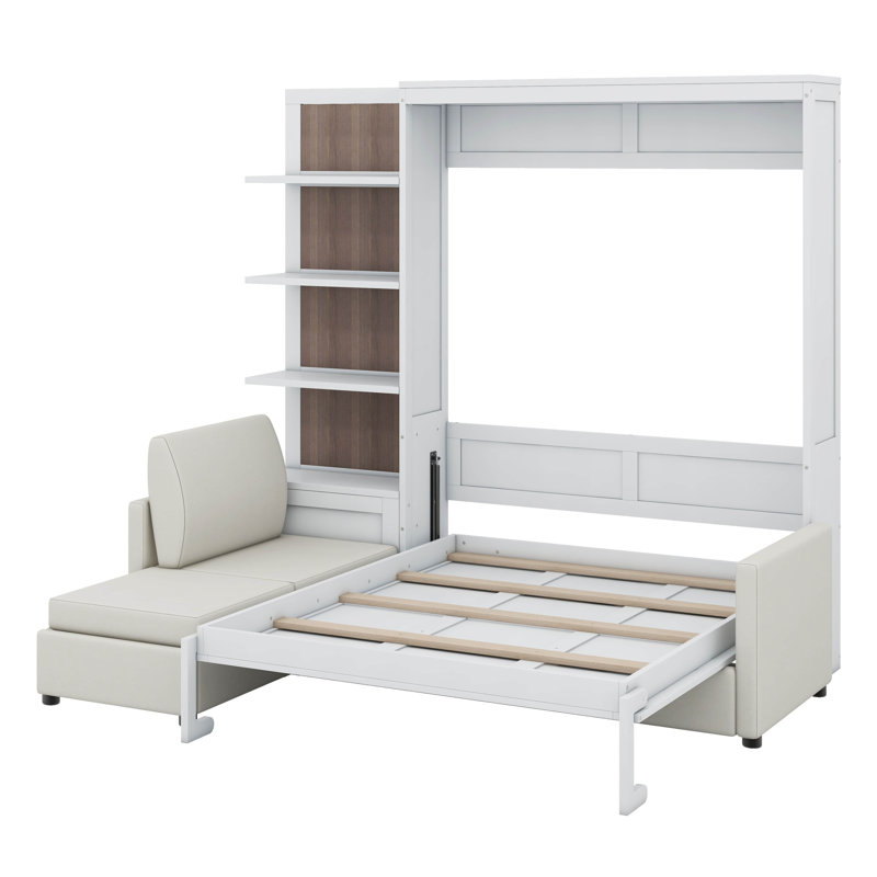 Grand lit escamotable avec canapé et tablettes Solari, Blanc