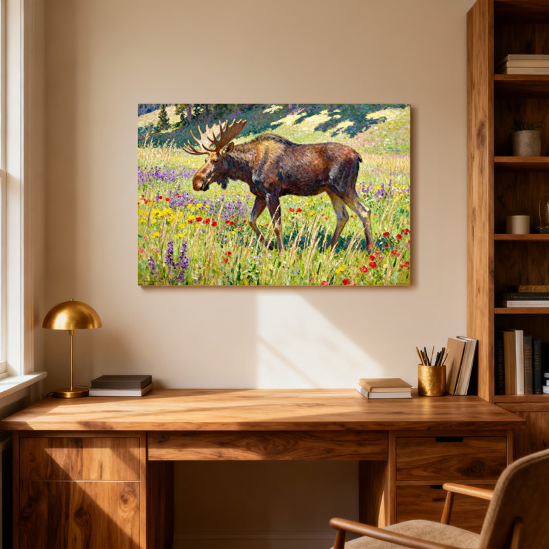 «Christmas Moose In Wildflower Field», reproduction d'art, H 16 po x l 24 po
