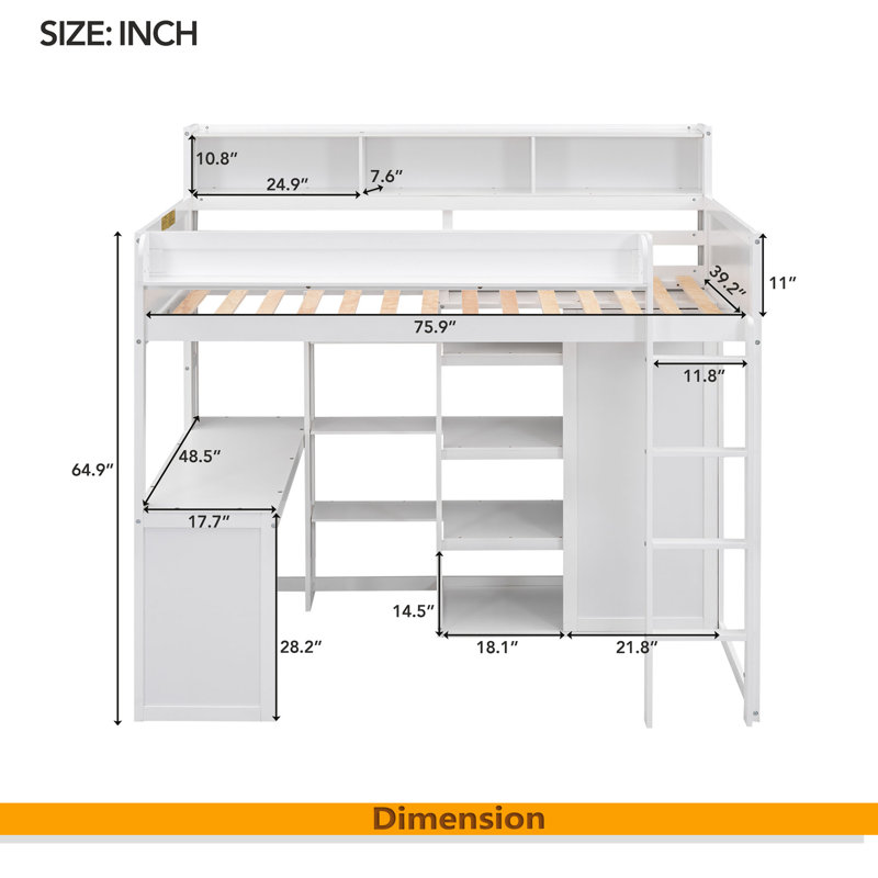 Lit mezzanine avec plusieurs tablettes de rangement et garde-robe, Blanc