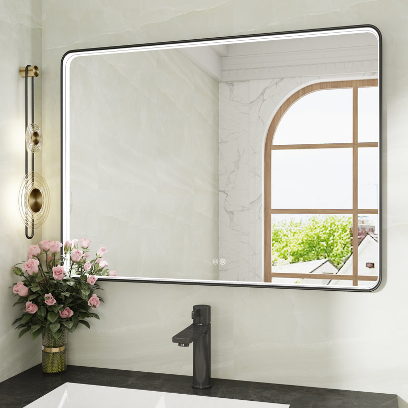 Miroir de salle de bain 24/30/36/48 pouces à DEL, miroir de meuble-lavabo noir / doré / argenté, miroir mural lumineux, anti-buée, à intensité variable, 3 couleurs (horizontal / vertical)