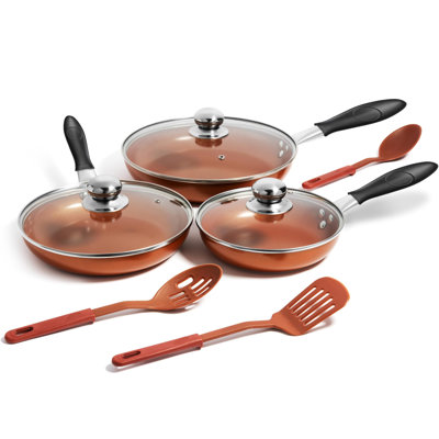 Ensemble de 3 poêles à frire antiadhésives en cuivre avec couvercle (8 po, 9,5 po, 11 po) - Revêtement en céramique et spatules en silicone pour les œufs, Omelette - Batterie de cuisine pour cuisinière à induction, à gaz et électrique