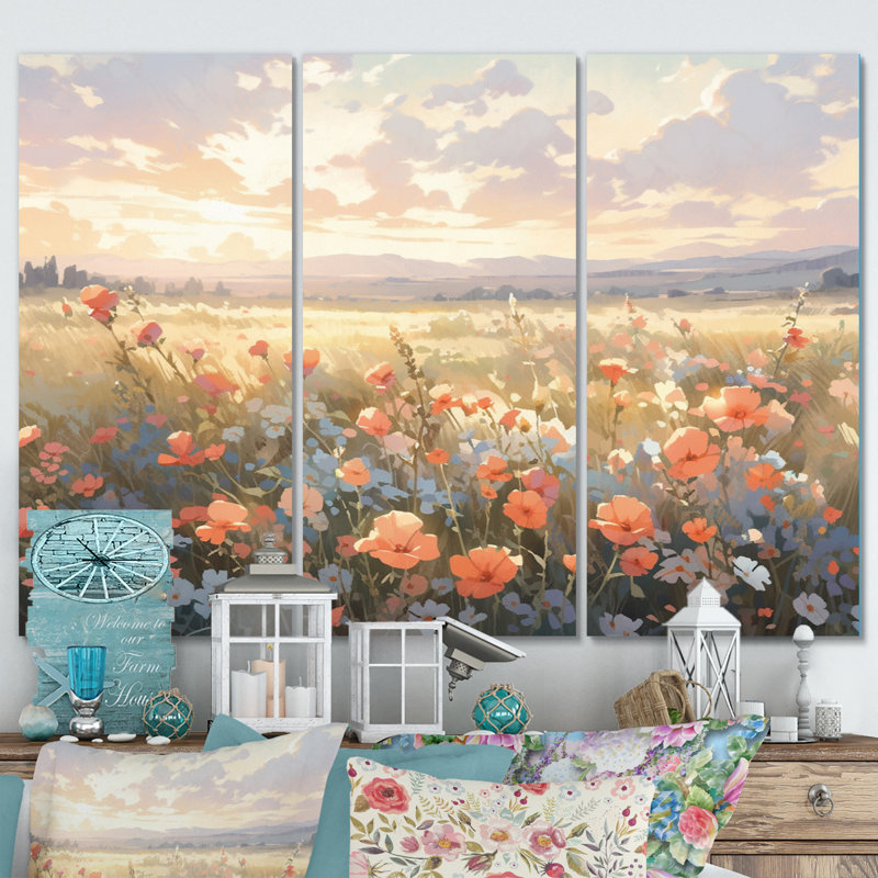 «Coral Beige Meadow Wildflower I», reproduction sur toile 3 pièces, H 28 po x l 36 po x P 1 po
