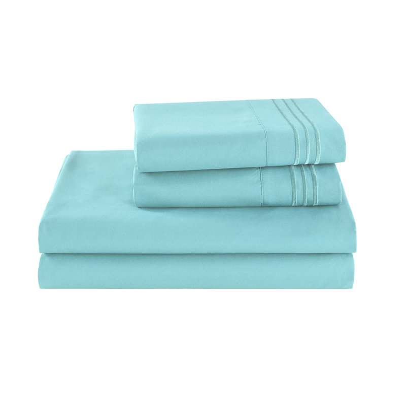 3/4 Pcs Soft Solid & Embroidery Bed Sheets Set, Full, Aqua Blue