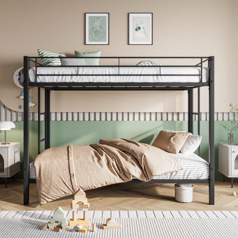 Lit superposé simple au-dessus d'un lit en métal robuste, sommeil tranquille - lit noir avec tablette et support à lattes, aucun sommier tapissier requis,