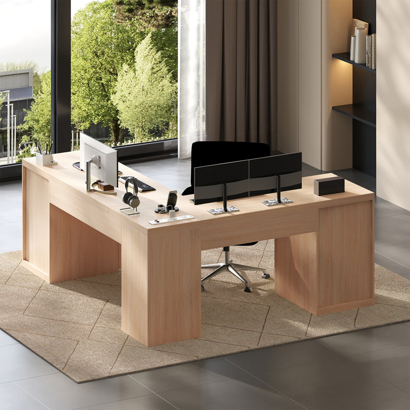 Bureau de direction en L 68,9 pouces avec station de charge, bureau d'angle cannelé moderne avec tiroir classeur et armoire de rangement, bureau personnel en bois, bureau d'ordinateur, bureau en chêne naturel